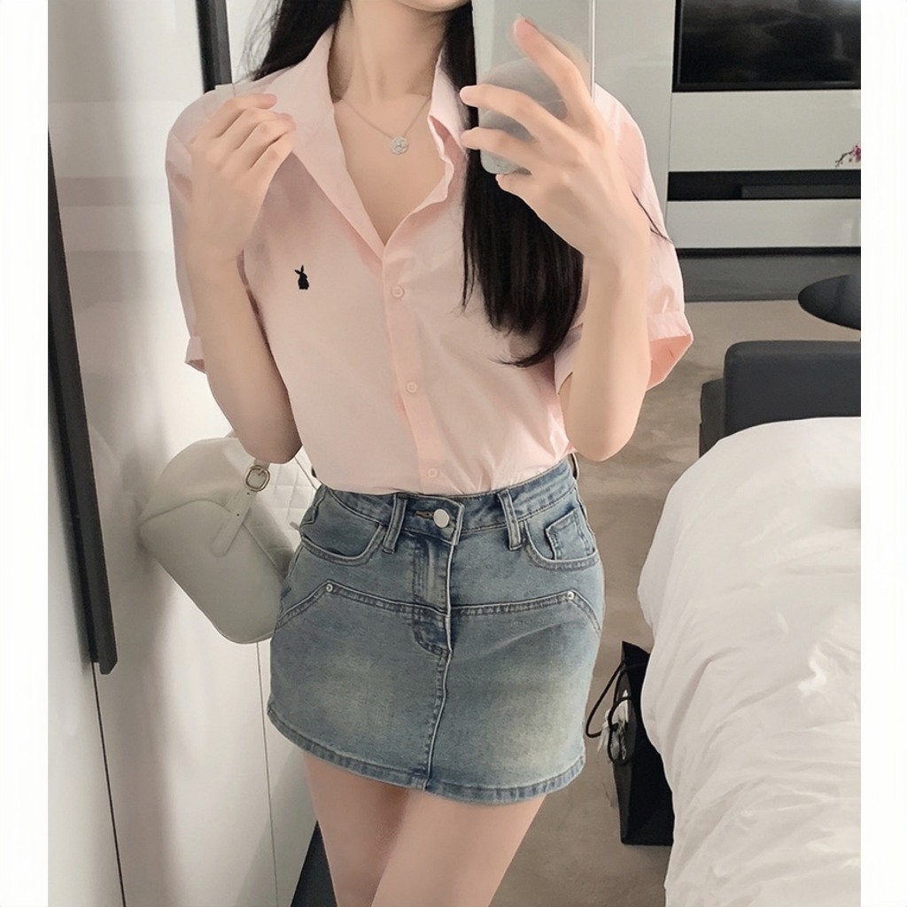 Áo Sơ Mi Nữ Cộc Tay Thêu Thỏ Xinh, Áo Sơ Mi Nữ Phong Cách Hàn Quốc Dễ Thương | BigBuy360 - bigbuy360.vn