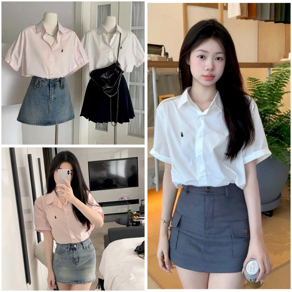 Áo Sơ Mi Nữ Cộc Tay Thêu Thỏ Xinh, Áo Sơ Mi Nữ Phong Cách Hàn Quốc Dễ Thương | BigBuy360 - bigbuy360.vn