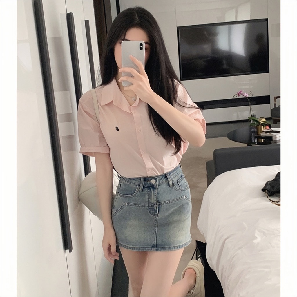 Áo Sơ Mi Nữ Cộc Tay Thêu Thỏ Xinh, Áo Sơ Mi Nữ Phong Cách Hàn Quốc Dễ Thương | BigBuy360 - bigbuy360.vn