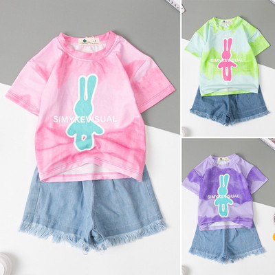 Bộ thun cotton cộc tay mùa hè LITIBABY cho bé bé gái vải loang quần bò từ 11kg - 22kg