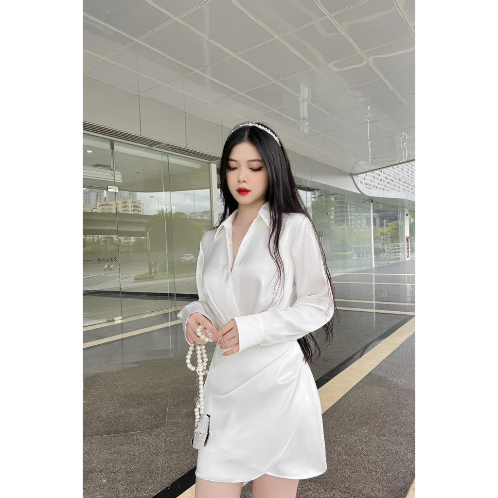 Đầm Sơ Mi Nữ Đắp Chéo Tay Dài Xếp Ly Eo Cổ Sơ Mi 2 màu Trắng và Đen Vải Phi lụa Mềm mại (Không kèm dây cột eo) D0825