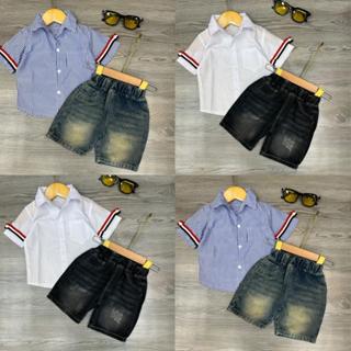 Set áo sơ mi kẻ + quần jean đùi cho bé trai từ 8-28kg
