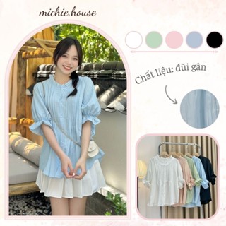 Áo babydoll sơ mi kiểu nữ cổ trụ xếp ly tay bèo lửng chất đũi gân mát - Áo hè đi học, đi chơi - michie.house - A309