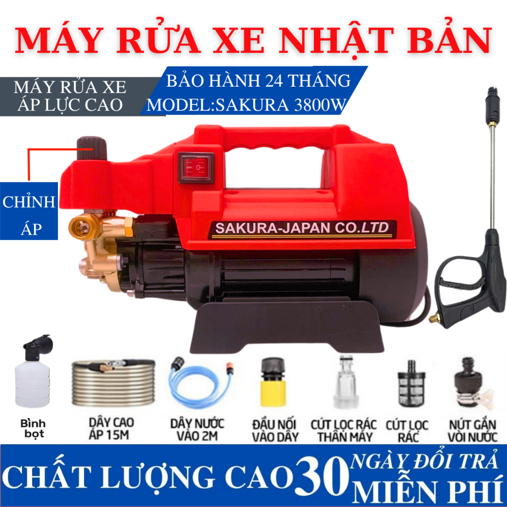 [ BH 24 THÁNG] Máy rửa xe mini Sakura 4600W I Máy rửa xe cao áp - Có áp chống giật - Chống cháy bảo hành chính hãng