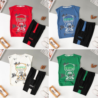 Bộ quần áo mùa hè cotton bé trai LITIBABY sát nách in gấu chữ FR Style Size đại 28kg - 50kg