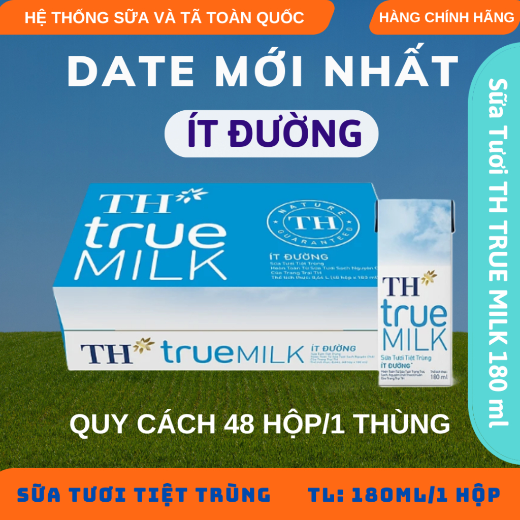 [TH TRUE MILK] Sữa Tươi Tiệt Trùng Ít Đường TH true MILK 180ml 48 HỘP/1 THÙNG