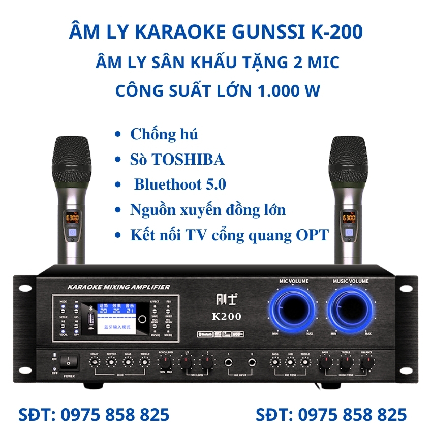 Đẩy liền vang kèm 2 mic, Âm ly karaoke bluetooth công suất lớn Gunssi K 200. Amply gia đình bảo hành 12 tháng