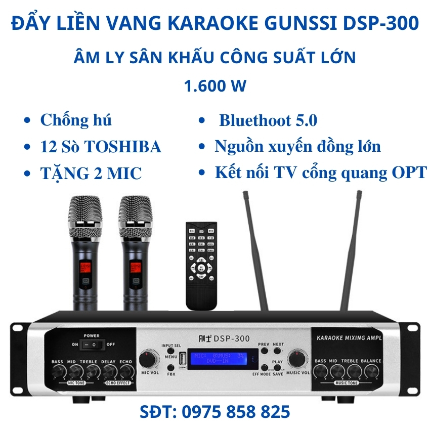 Đẩy liền vang, âm ly karaoke Gunssi DSP 300. Amply karaoke buletooth, công suất lớn, amly sân khấu