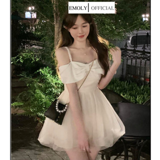 Đầm trễ vai dáng xòe, Váy 2 dây công chúa phối nơ dáng bồng dự tiệc đi chơi
