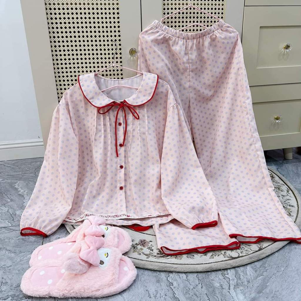 Bộ Cotton Thô Mặc Nhà Pijama Nữ Chất Thô Quảng Châu Cao Cấp Mát Mềm Mịn Elsa Pijama