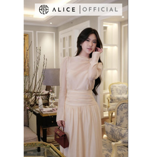 Set Áo Tơ Hàn Cao Cổ Xếp Li Tay Bồng Kèm Chân Váy Dáng Dài Nhún Eo ALICE Phong Cách Tiểu Thư Thanh Lịch S555
