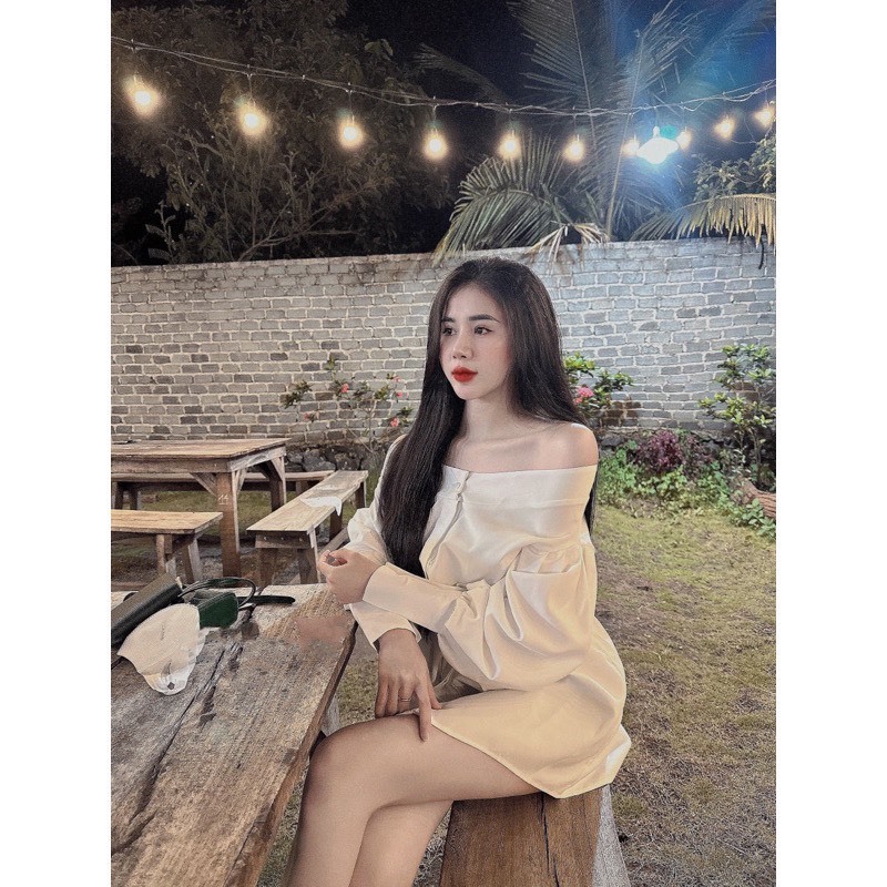 Áo sơ mi trễ vai , áo trễ vai tay bồng 2 màu trắng / màu xanh tiểu thư sang chảnh S107