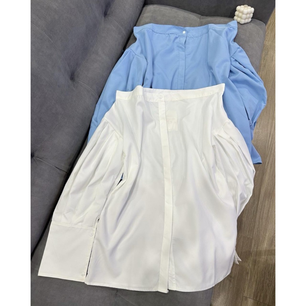 Áo sơ mi trễ vai , áo trễ vai tay bồng 2 màu trắng / màu xanh tiểu thư sang chảnh S107