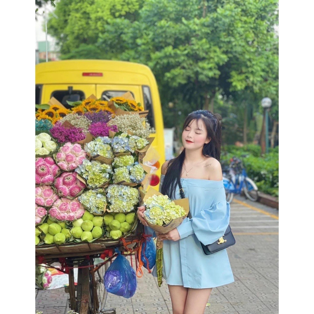 Áo sơ mi trễ vai , áo trễ vai tay bồng 2 màu trắng / màu xanh tiểu thư sang chảnh S107