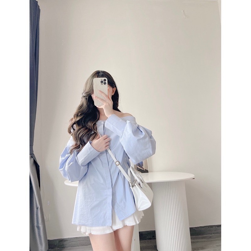 Áo sơ mi trễ vai , áo trễ vai tay bồng 2 màu trắng / màu xanh tiểu thư sang chảnh S107