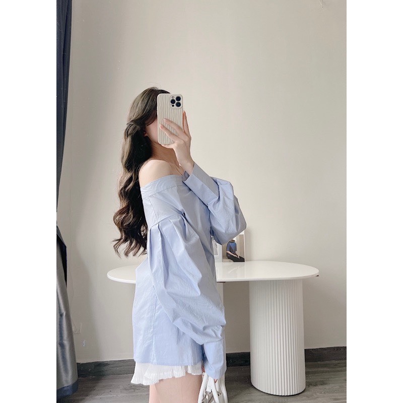 Áo sơ mi trễ vai , áo trễ vai tay bồng 2 màu trắng / màu xanh tiểu thư sang chảnh S107