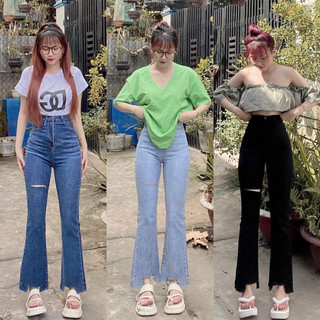 Quần Jeans dài ống loe nữ rách gấu 1line