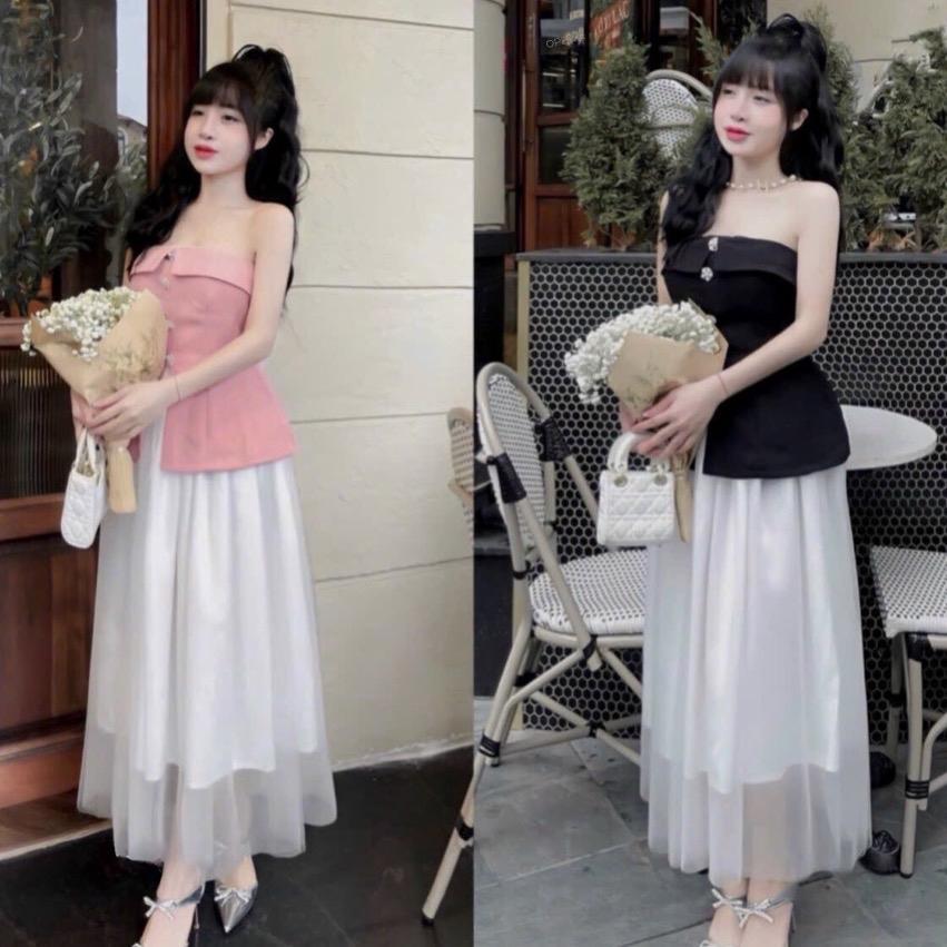 Set đồ tiểu thư áo cúp ngực đính nút ngọc kèm chân váy midi lưới cho nàng diện đi chơi, tiệc rất xinh và sang chảnh.