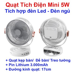 Quạt tích điện mini 5W, 5 tốc độ gió. Quạt kẹp bàn tích điện dung lượng 3000mAh có đèn LED