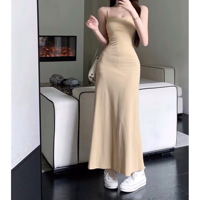 D003 Đầm maxi nữ hai dây dáng dài xòe nhiều màu chất thun tăm lạnh tôn dáng, size S M | BigBuy360 - bigbuy360.vn