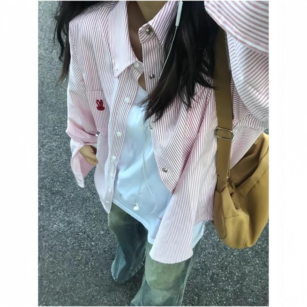 Áo Sơ Mi Nữ Thêu Thỏ, Áo Sơ Mi Nữ Kẻ Sọc Tay Dài Thêu Thỏ Dáng UNISEX Form Rộng | BigBuy360 - bigbuy360.vn