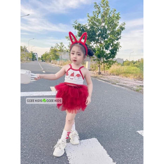 Set áo 2 dây chân váy tầng cực mát cho bé gái