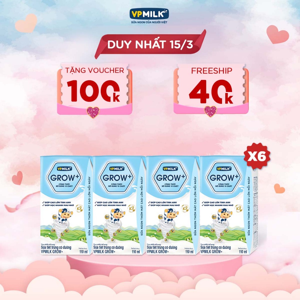 [Combo 6 lốc] Sữa tiệt trùng VPMilk Grow+ Có Đường 110ml Cho Bé Từ 1 Tuổi (4 hộp x 6)