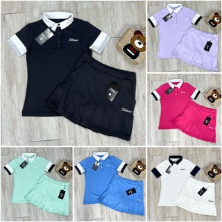 Set Bộ Váy Thể Thao Xếp Ly Có Túi Và Áo Có Cổ Tay Ngắn Phối Màu Titleist 01 Chơi Cầu Lông, Tennis, Golf Vải Thun Cao Cấp