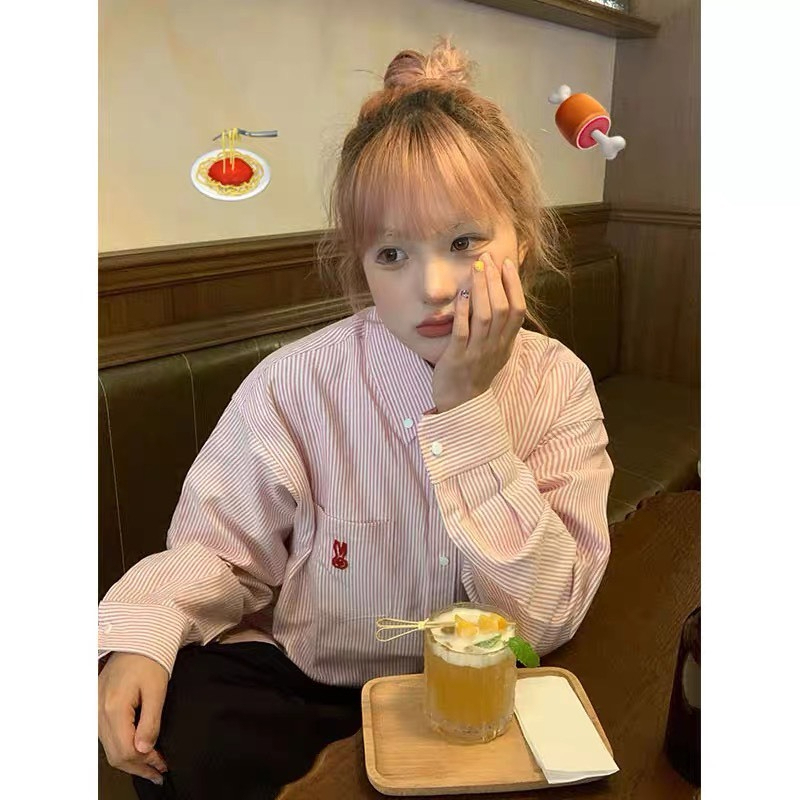 Áo Sơ Mi Nữ Thêu Thỏ, Áo Sơ Mi Nữ Kẻ Sọc Tay Dài Thêu Thỏ Dáng UNISEX Form Rộng | BigBuy360 - bigbuy360.vn