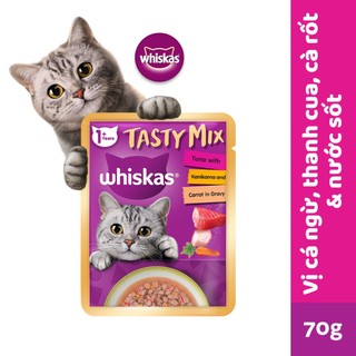  WHISKAS Tasty Mix Thức ăn cho mèo trưởng thành dạng sốt túi 70g vị Cá ngừ, Thanh cua & Cà rốt