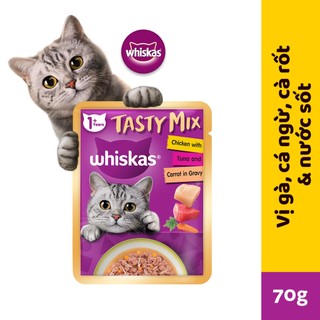  WHISKAS Tasty Mix Thức ăn cho mèo trưởng thành dạng sốt  túi 70g vị Gà, Cá ngừ và Carrot