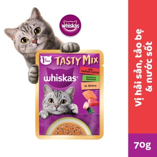  WHISKAS® Tasty Mix Thức ăn cho mèo lớn vị hải sản & rong biển Wakame dạng sốt 70g