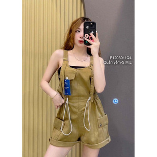 Quần short yếm jean rút eo phối 2 túi, quần short yếm nữ VIENS STORE