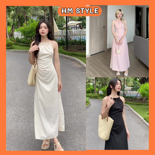 Đầm hai dây dáng suông dài dây buộc eo, váy maxi dáng yếm hở lưng tiểu thư dáng dài HV278