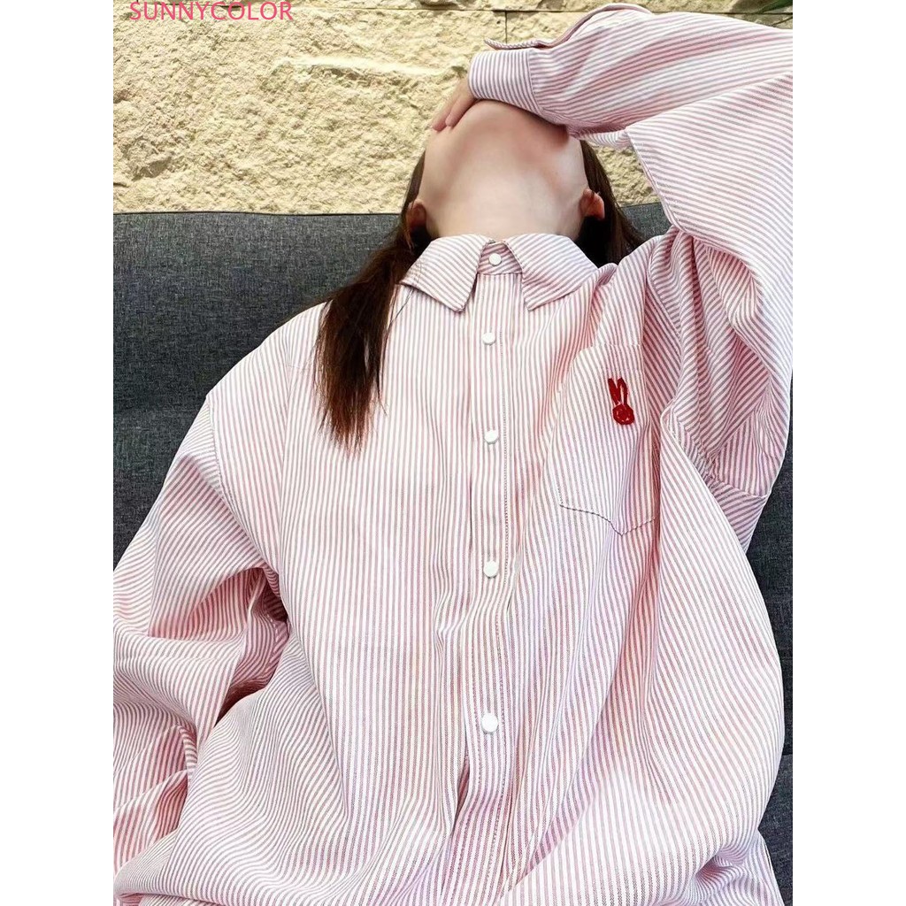 Áo Sơ Mi Nữ Thêu Thỏ, Áo Sơ Mi Nữ Kẻ Sọc Tay Dài Thêu Thỏ Dáng UNISEX Form Rộng | BigBuy360 - bigbuy360.vn
