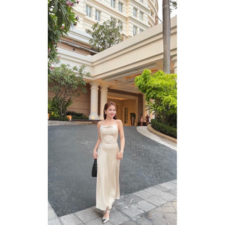 Đầm lụa cổ cao nơ lưng Mevauyen