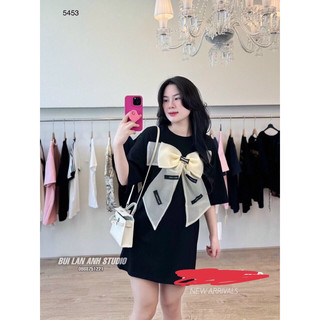 Đầm suông đen mix nơ trắng bản to