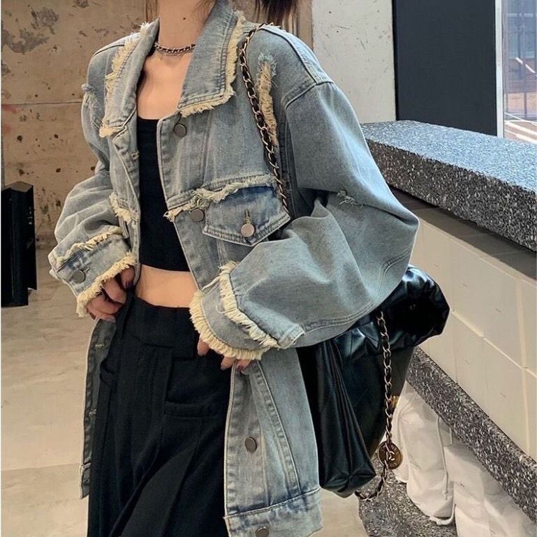 Áo khoác ngoài, áo khoác jean dài tay phong cách rua tua dài tay unisex thời trang nam nữ | BigBuy360 - bigbuy360.vn