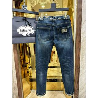 Quần jean nam dài xanh BoBoMen kiểu co giãn ống bó xanh mài cào xước cạp in hình đồng xu