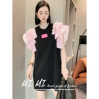 Váy đen cotton pha tay bèo kẻ hồng xinh xắn