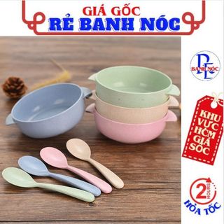 Bộ chén kèm muỗng ăn dặm lúa mạch cho bé - tô , chén , bát ăn cơm , ăn súp - bộ chén tặng kèm thìa tiện dụng