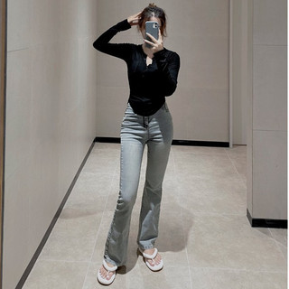 Quần jeans nữ ống loe màu bụi mới, quần bò ống loe lưng cao co giãn chất demin cao cấp