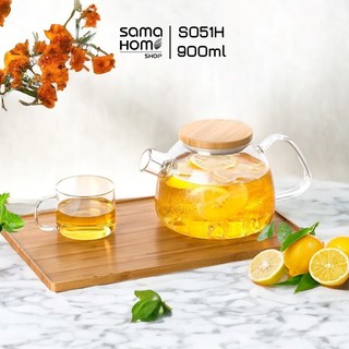 Ấm trà thủy tinh chịu nhiệt có lọc trà tại vòi S051H 900ml - Bình lọc trà hoa thủy tinh Samahome Shop
