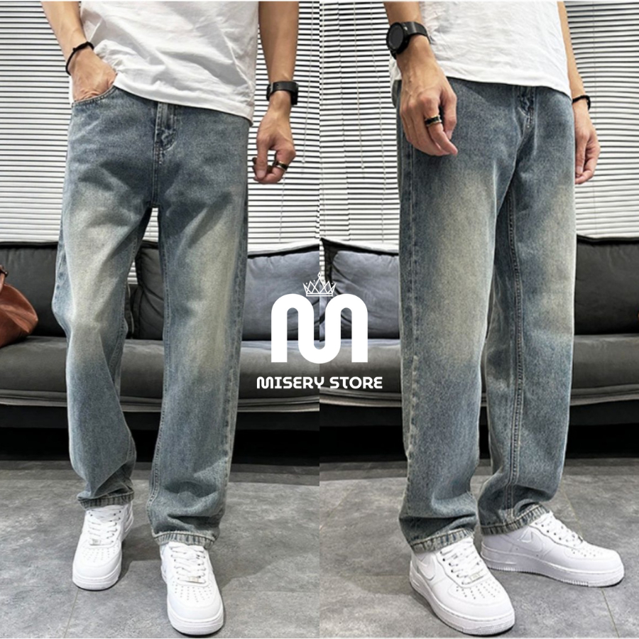 Quần Jean Nam Ống Suông Cạp Cao Wash Retro Misery Store, Quần Jean Nam Baggy Wash Khói Chất Liệu Cao Cấp