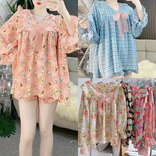 Bộ babydoll lụa tay dài tiểu thư gấu dâu dễ thương quần bo chun 40-80kg