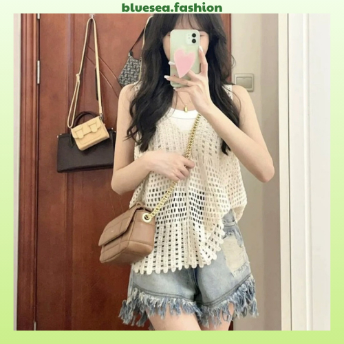 Áo ba lỗ dệt kim đan móc mặc đi biển cực xinh. Áo đan lưới không tay cổ V phong cách Retro (TẶNG kèm áo 2 dây đen)