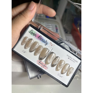 Nailbox móng tay giả sơn mắt mèo thạch nude viền tráng gương bạc