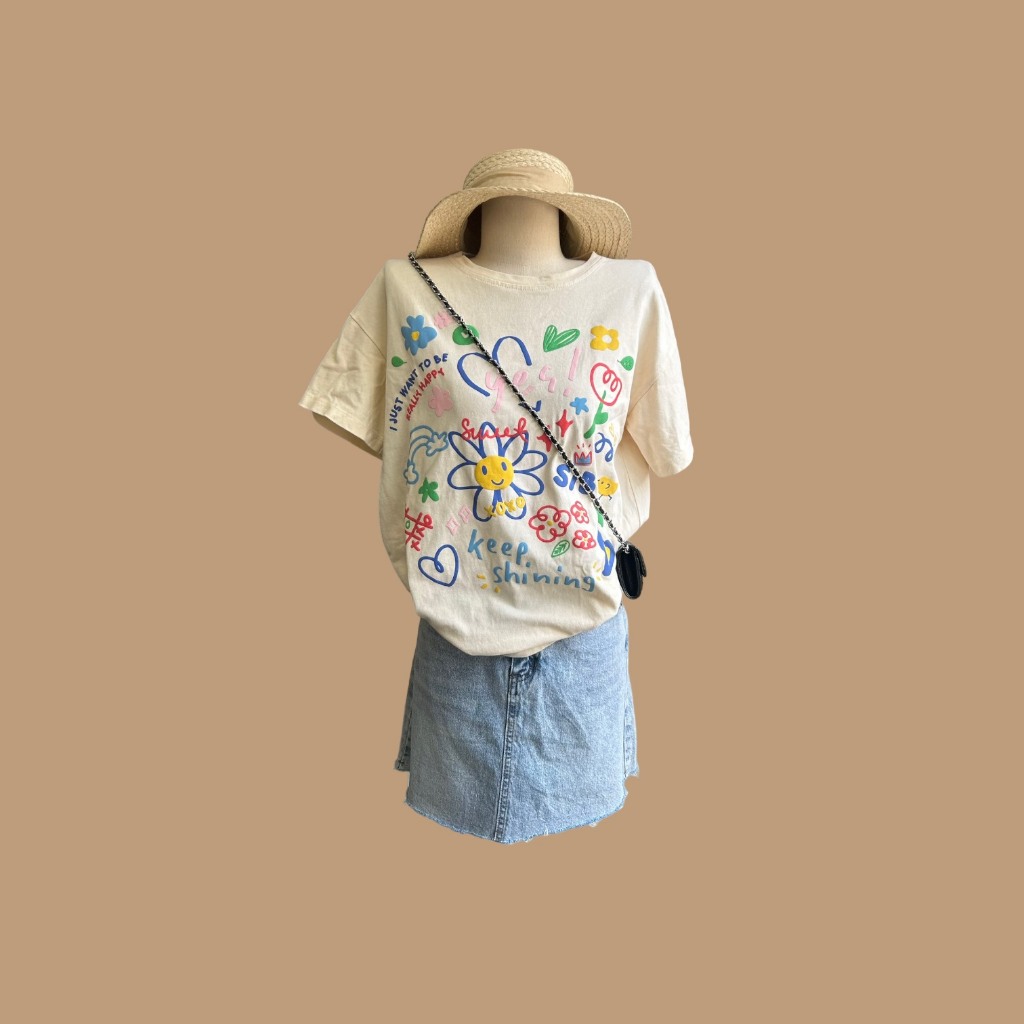 🌷Áo thun kem SIBLING HOUSE 🌷Chân váy jean xanh