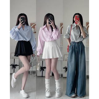 Áo sơmi kẻ croptop bo chun tay dài nhiều màu freesize Pumi 15689