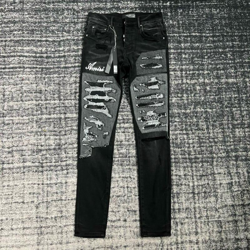 ⚡️[Hight Quality] Hàng Có Sẵn Quần Jeans Amiri Đen Wash Rách Phối Loang - Họa Tiết Logo Thêu Cao Cấp